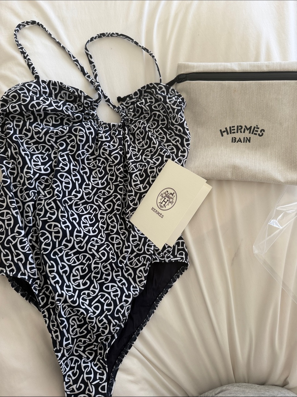Hermès Black & White Chain-Print One-Piece Swimsuit